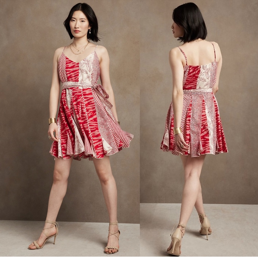 Banana Republic Red Print Tie-Waist Mini Dress, Large